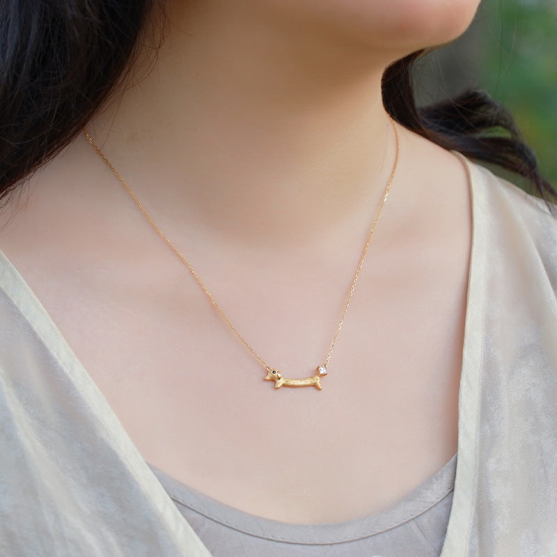 Brushed Gold Dachshund Necklace | Gold Plated 925 Silver Wiener Dog Pendant