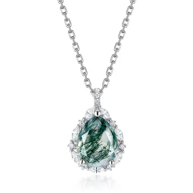 Ink-Wash Pear Cut Moss Agate Halo Pendant Necklace