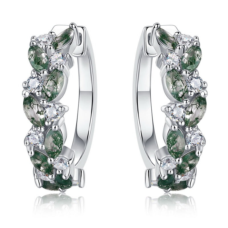Natural Marquise Cut Moss Agate Leaf Vine Hoop Earrings