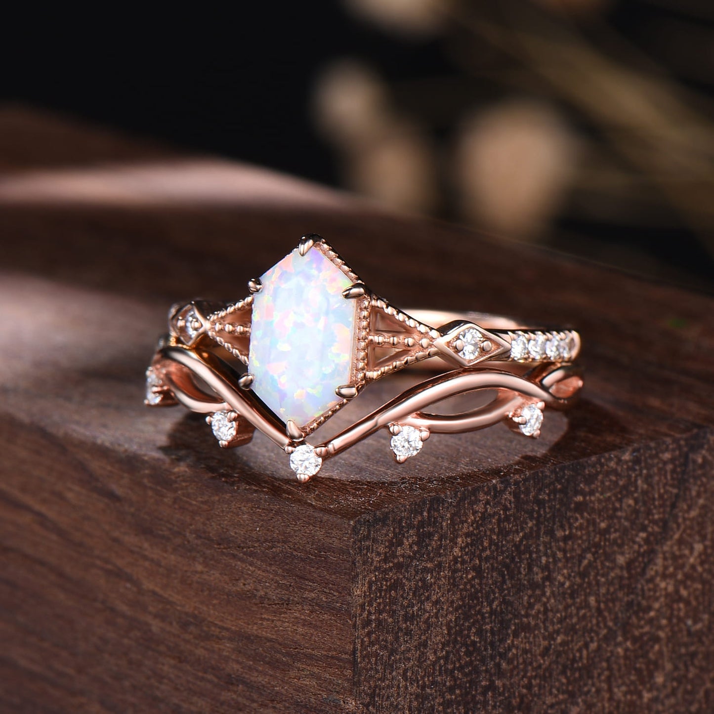 White Opal Bridal Set Hexagon Cut Unique Branch Vine Wedding Ring Set Vintage Fine Jewelry