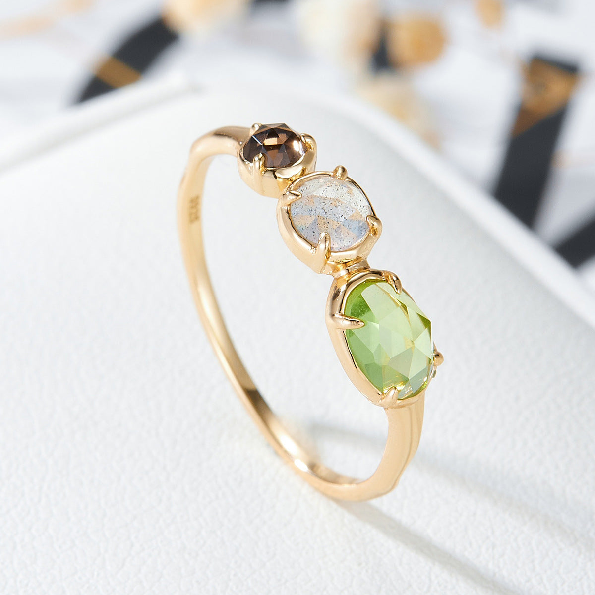 Delicate Wedding Band, Natural Peridot, Labradorite & Smoky Quartz Three-Stone Ring, 14K Gold Vermeil Dainty Jewelry
