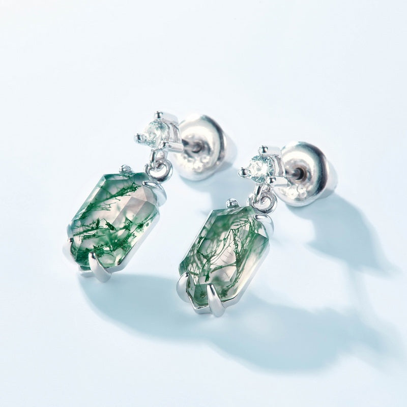 Dainty Moss Agate Earrings - Unique Long Hexagonal Nature Jewelry