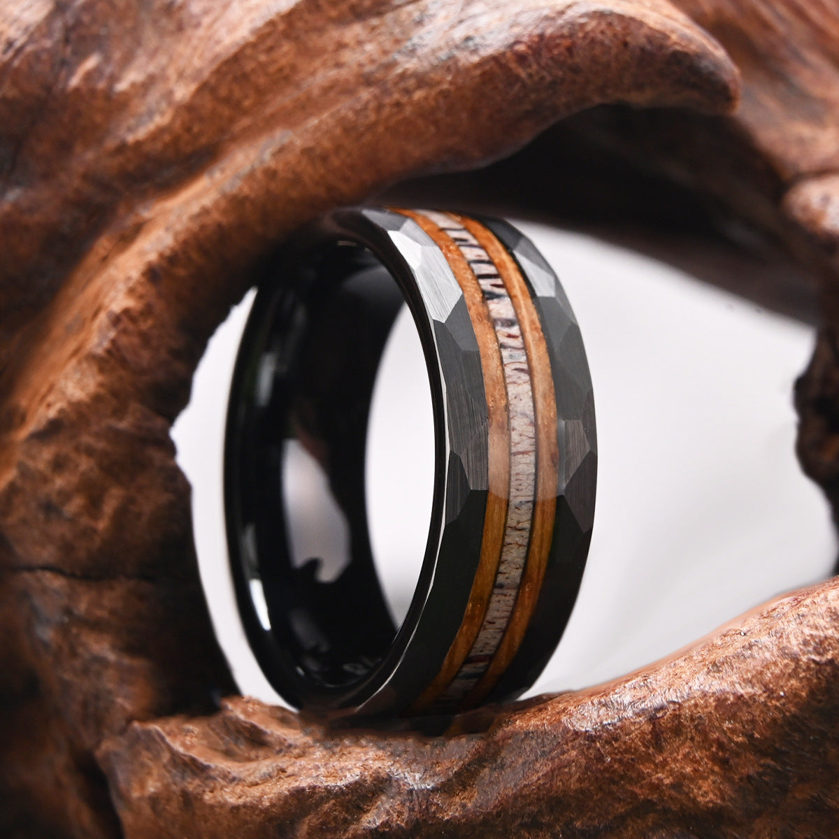 8mm Huntsman Black Faceted Tungsten Ring with Antler & Wood Inlay