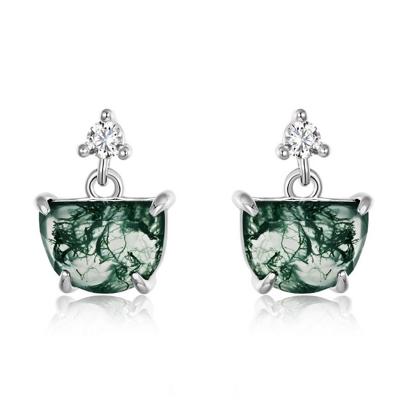 Half Moon Moss Agate Drop Earrings Unique Fan-Shaped Nature Jewelry