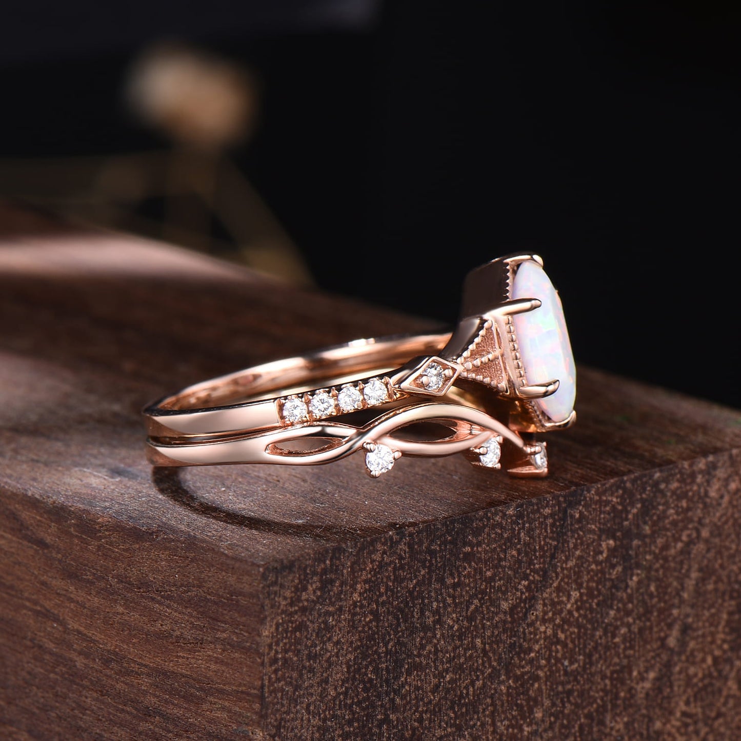 White Opal Bridal Set Hexagon Cut Unique Branch Vine Wedding Ring Set Vintage Fine Jewelry