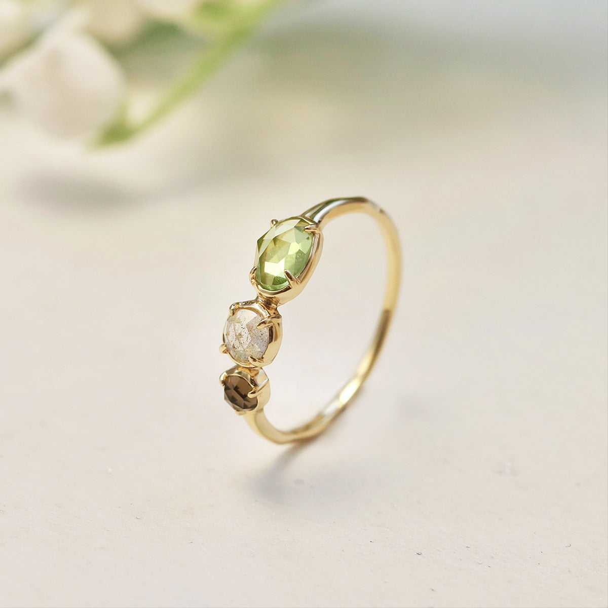Delicate Wedding Band, Natural Peridot, Labradorite & Smoky Quartz Three-Stone Ring, 14K Gold Vermeil Dainty Jewelry