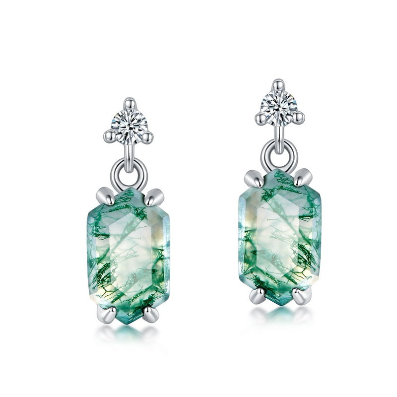 Dainty Moss Agate Earrings - Unique Long Hexagonal Nature Jewelry