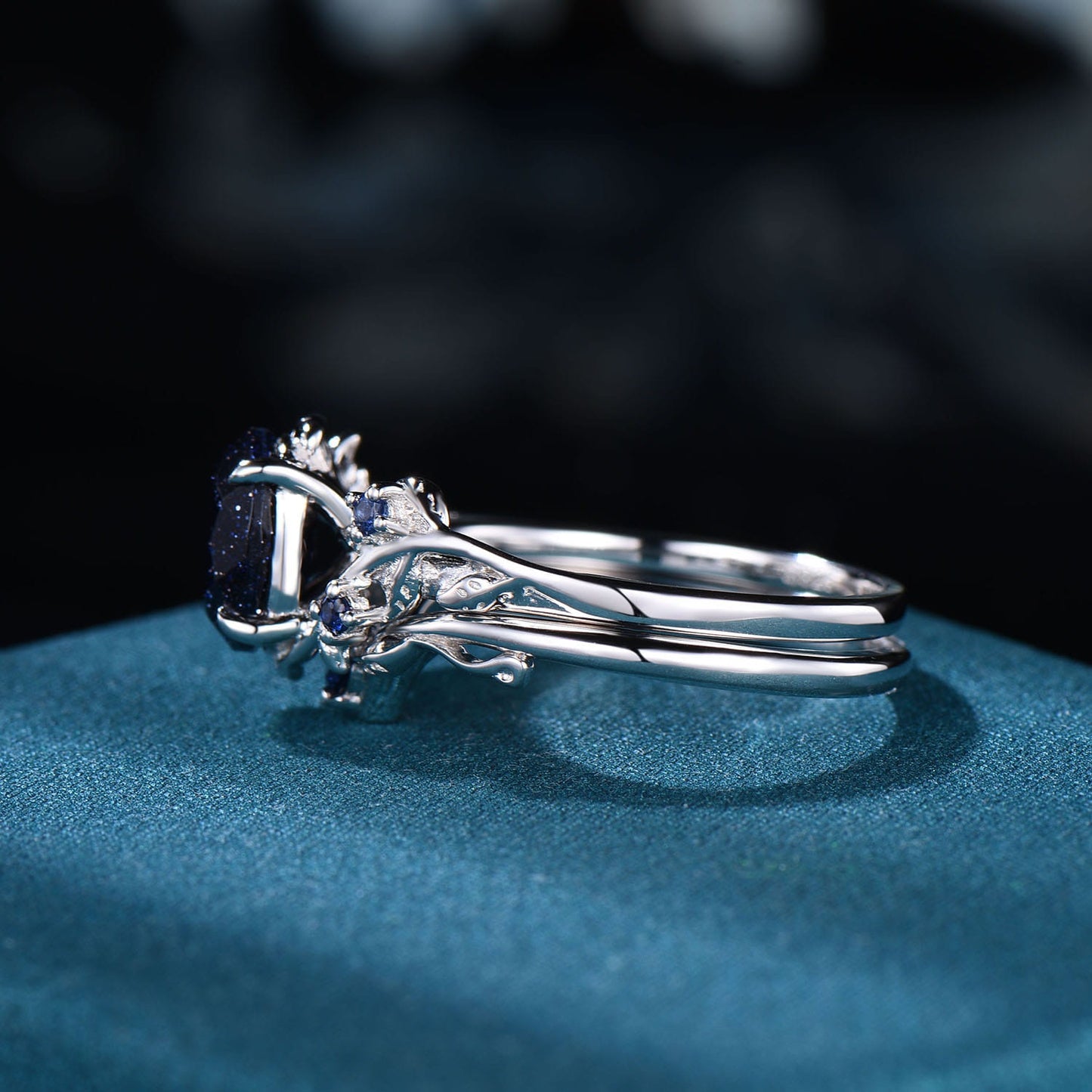 Vintage Oval Blue Sandstone Engagement Ring Set • Nature Inspired Twig Leaf Wedding Band • Gothic Celestial Bridal Set