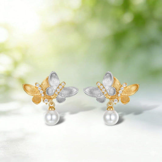 Two Tone Gold Hand-Brushed Butterfly Stud Earrings Sparkling Rhinestones & Pearls