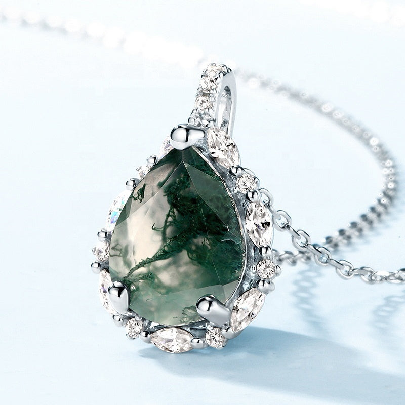 Ink-Wash Pear Cut Moss Agate Halo Pendant Necklace