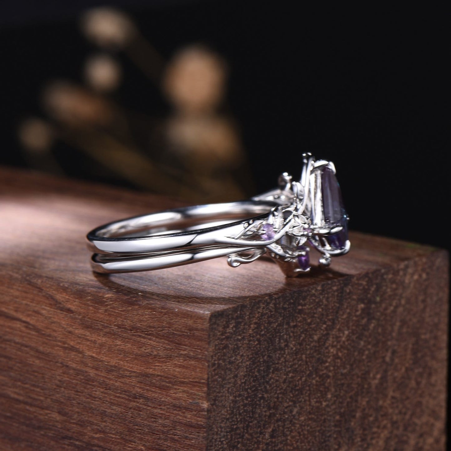 Nature Inspired Kite Alexandrite Wedding Ring Set | Floral Branch Engagement Ring with Amethyst Leaf Vine Band