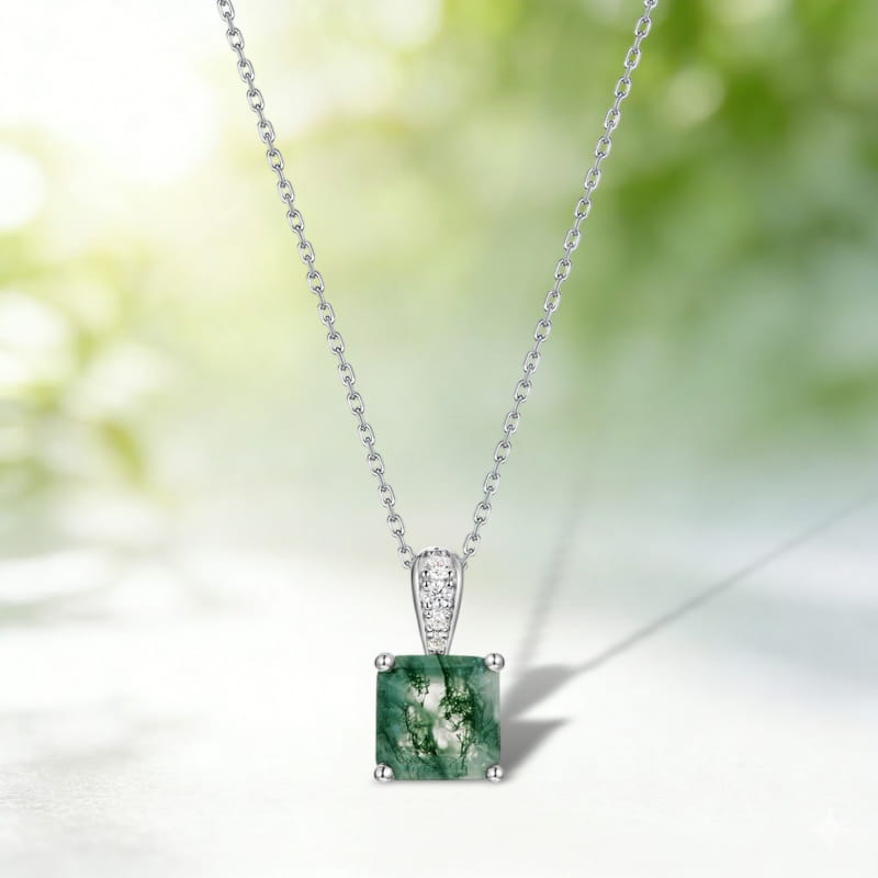 Princess Cut Natural Moss Agate Pendant Necklace