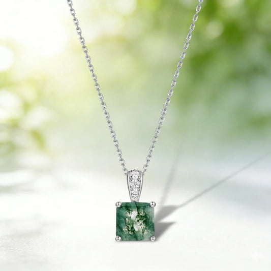 Princess Cut Natural Moss Agate Pendant Necklace