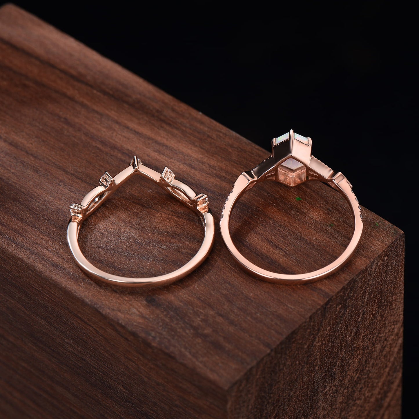 White Opal Bridal Set Hexagon Cut Unique Branch Vine Wedding Ring Set Vintage Fine Jewelry