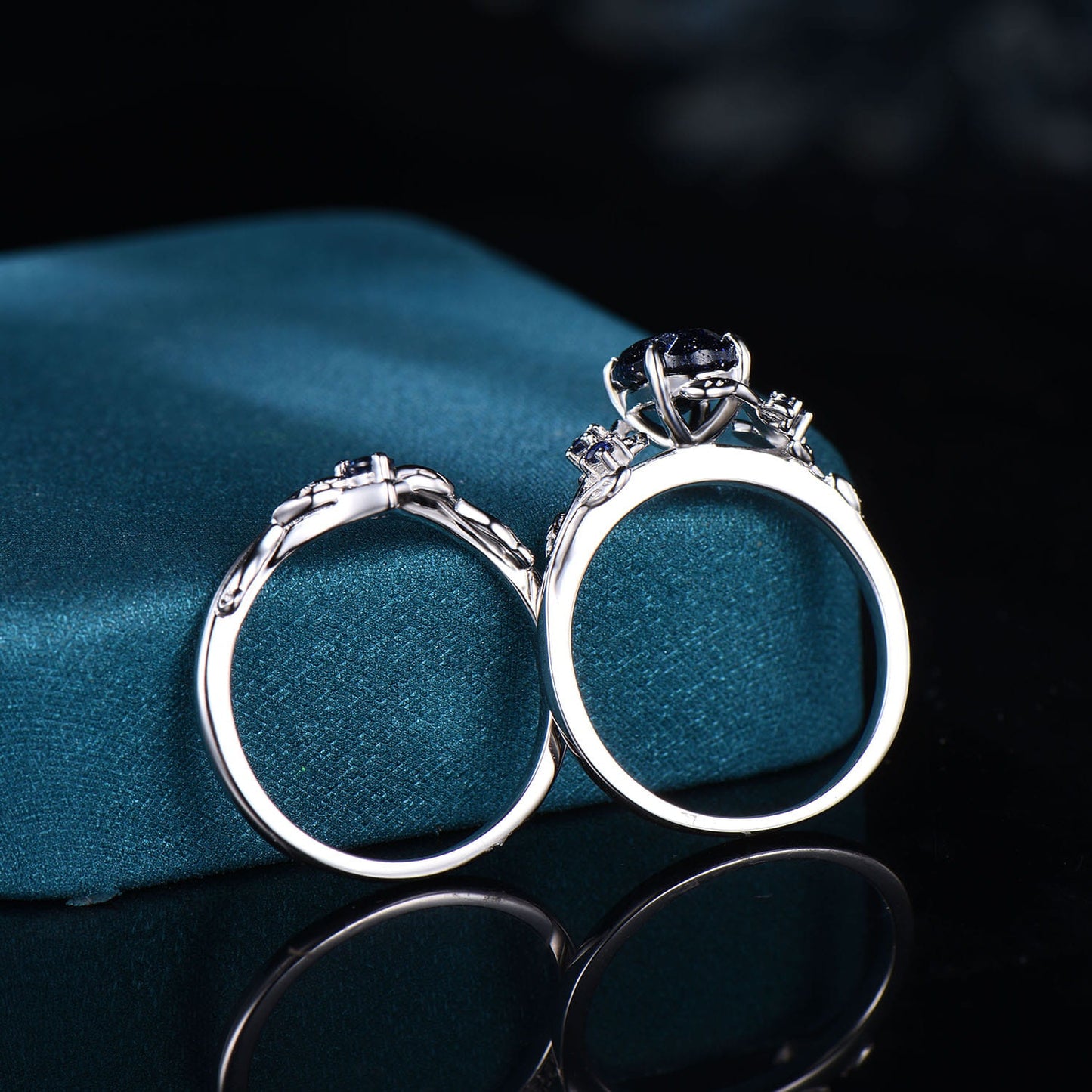 Vintage Oval Blue Sandstone Engagement Ring Set • Nature Inspired Twig Leaf Wedding Band • Gothic Celestial Bridal Set