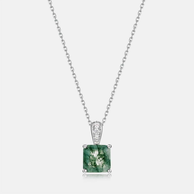 Princess Cut Natural Moss Agate Pendant Necklace