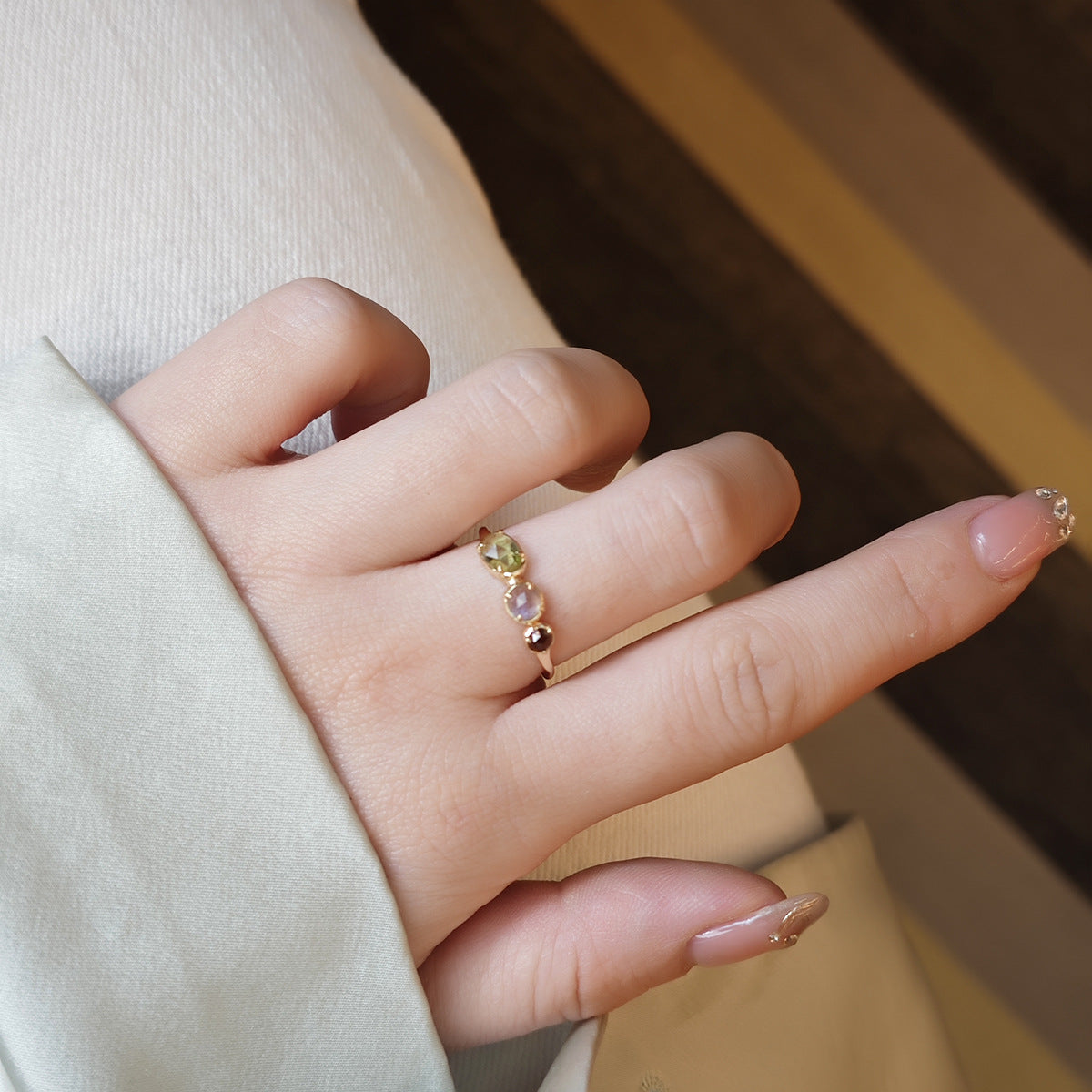 Delicate Wedding Band, Natural Peridot, Labradorite & Smoky Quartz Three-Stone Ring, 14K Gold Vermeil Dainty Jewelry
