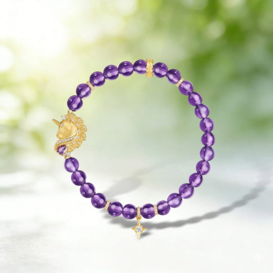 Handcrafted Brushed Gold Unicorn Bracelet Plated Amethyst Beaded Jewelry