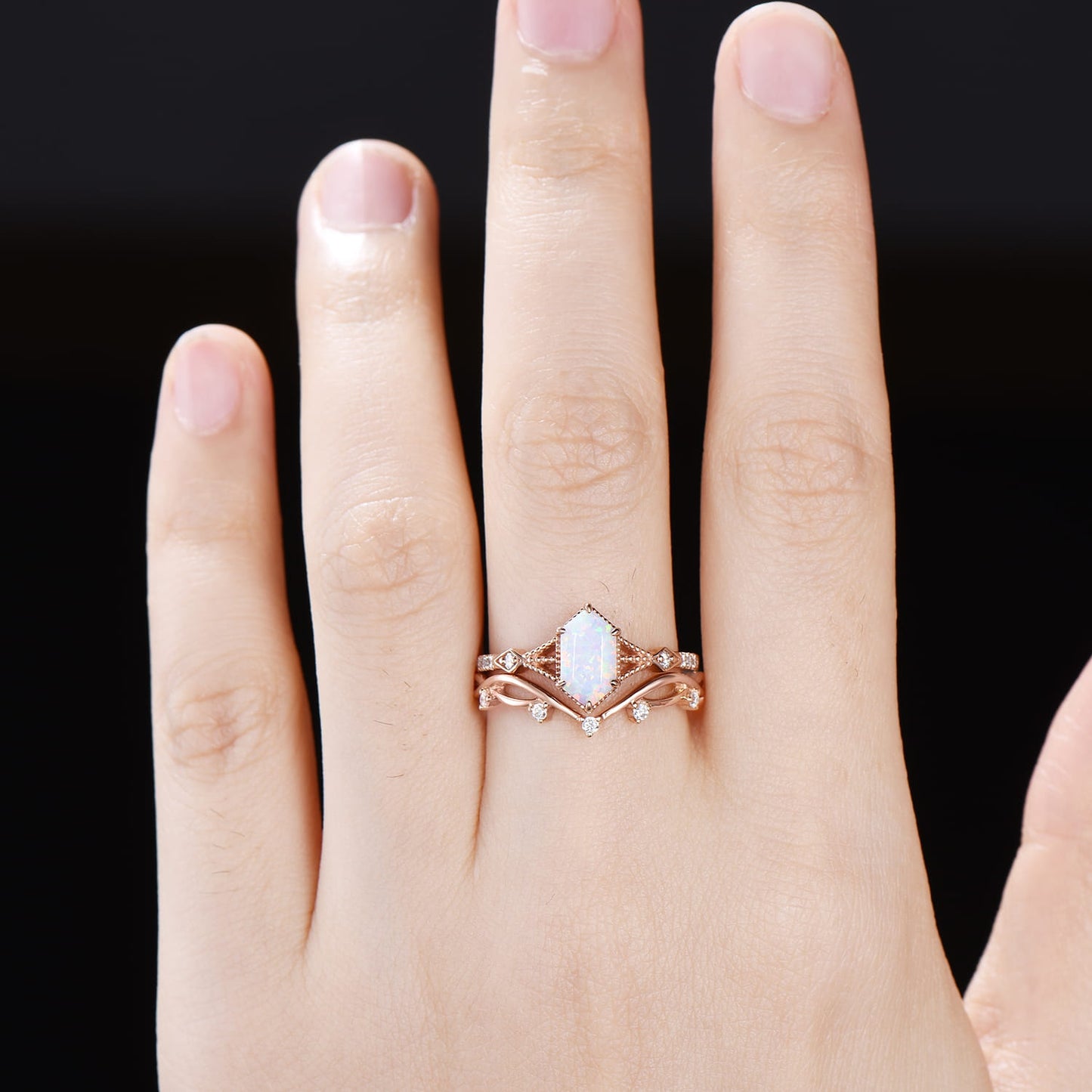 White Opal Bridal Set Hexagon Cut Unique Branch Vine Wedding Ring Set Vintage Fine Jewelry