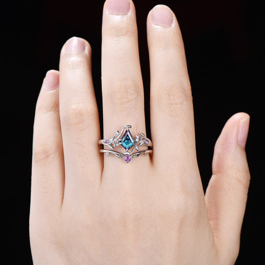 Nature Inspired Kite Alexandrite Wedding Ring Set | Floral Branch Engagement Ring with Amethyst Leaf Vine Band