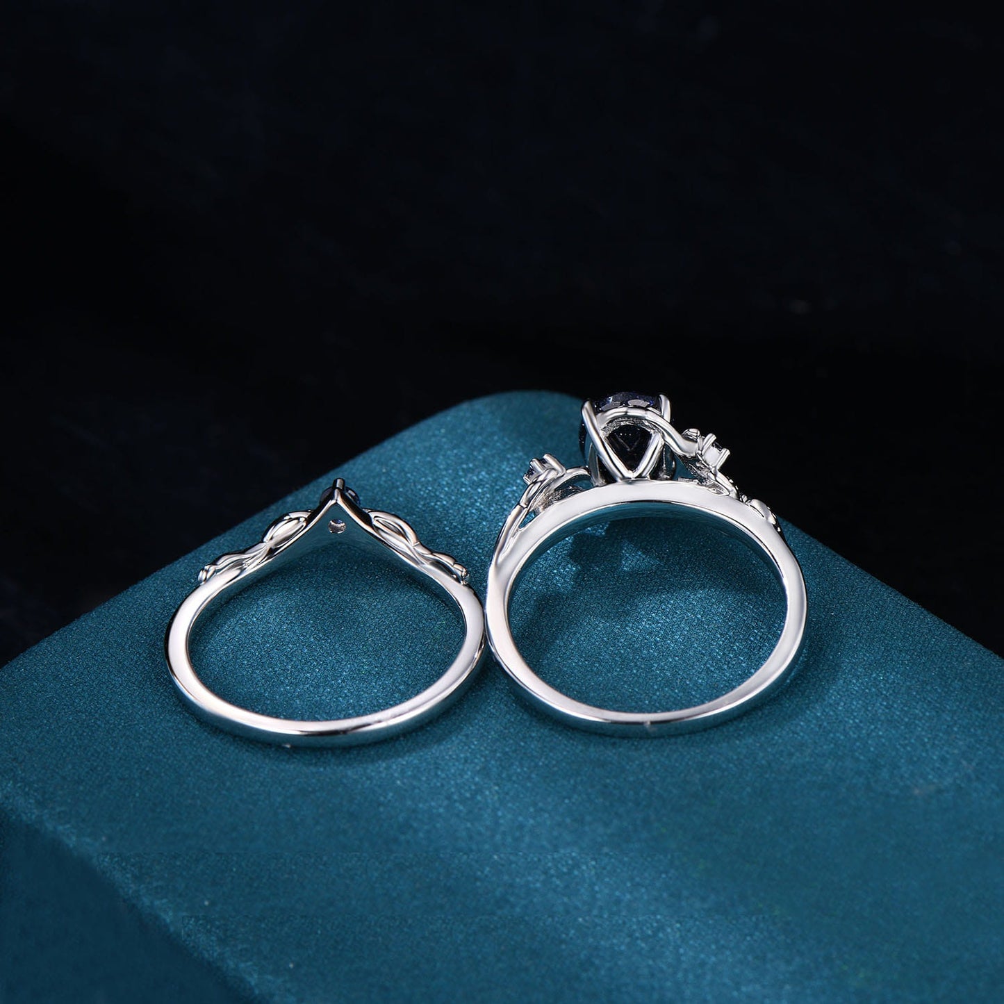 Vintage Oval Blue Sandstone Engagement Ring Set • Nature Inspired Twig Leaf Wedding Band • Gothic Celestial Bridal Set