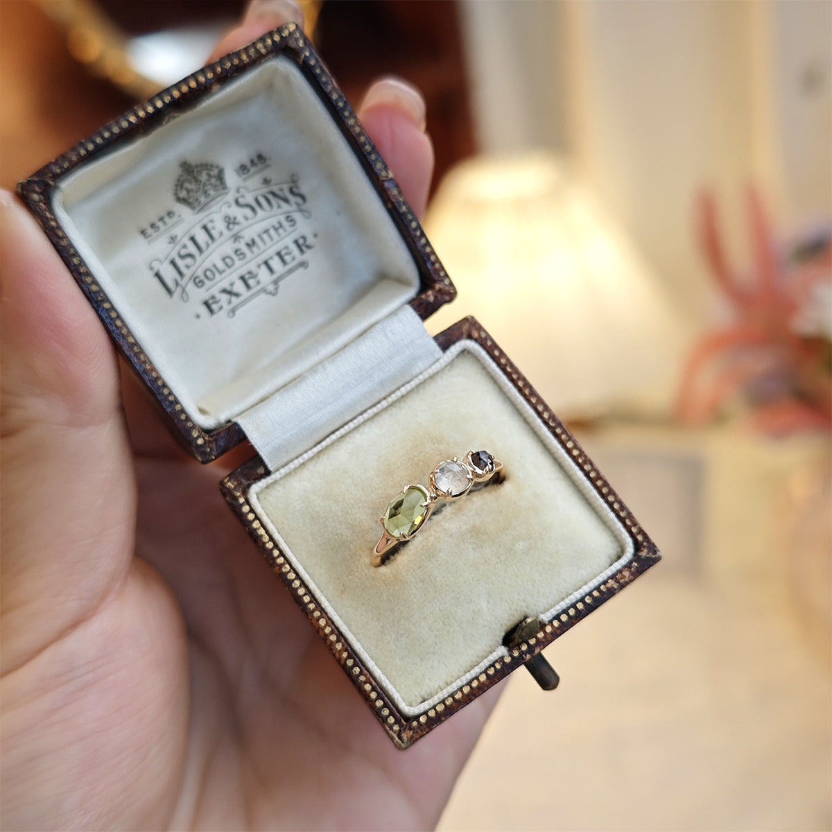 Delicate Wedding Band, Natural Peridot, Labradorite & Smoky Quartz Three-Stone Ring, 14K Gold Vermeil Dainty Jewelry