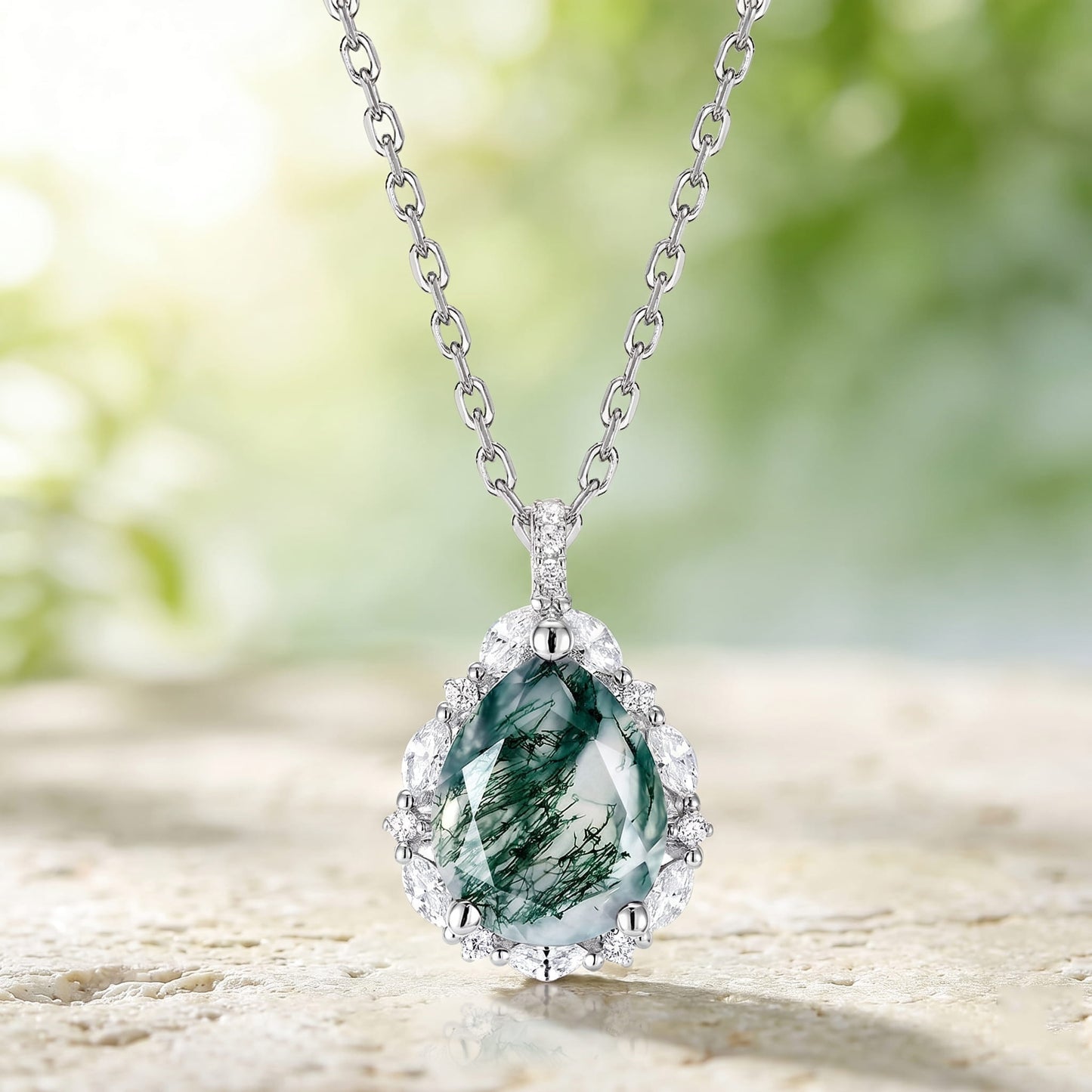 Ink-Wash Pear Cut Moss Agate Halo Pendant Necklace