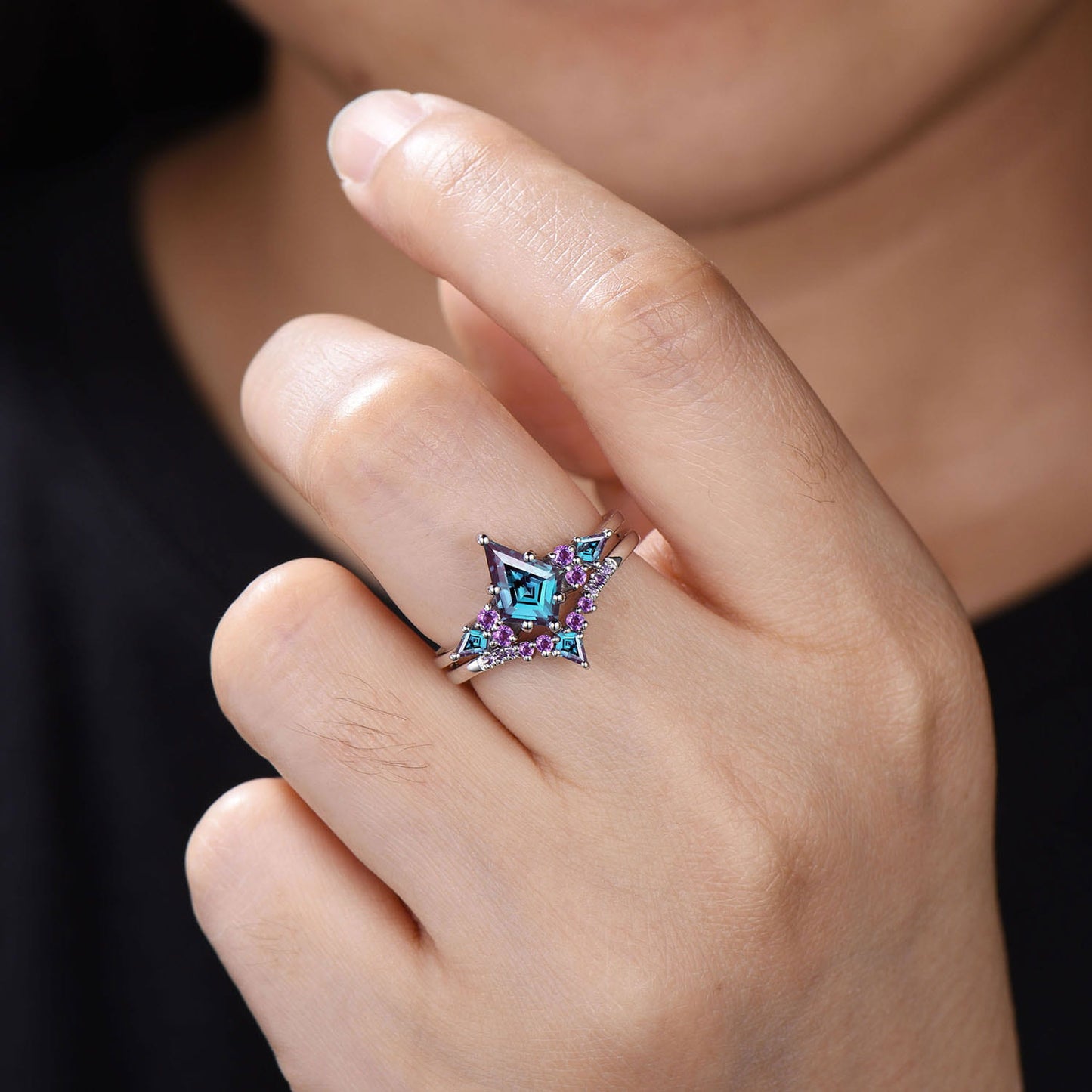 Vintage Kite Cut Alexandrite Ring Set: Rose Gold Cluster Amethyst Wedding Band