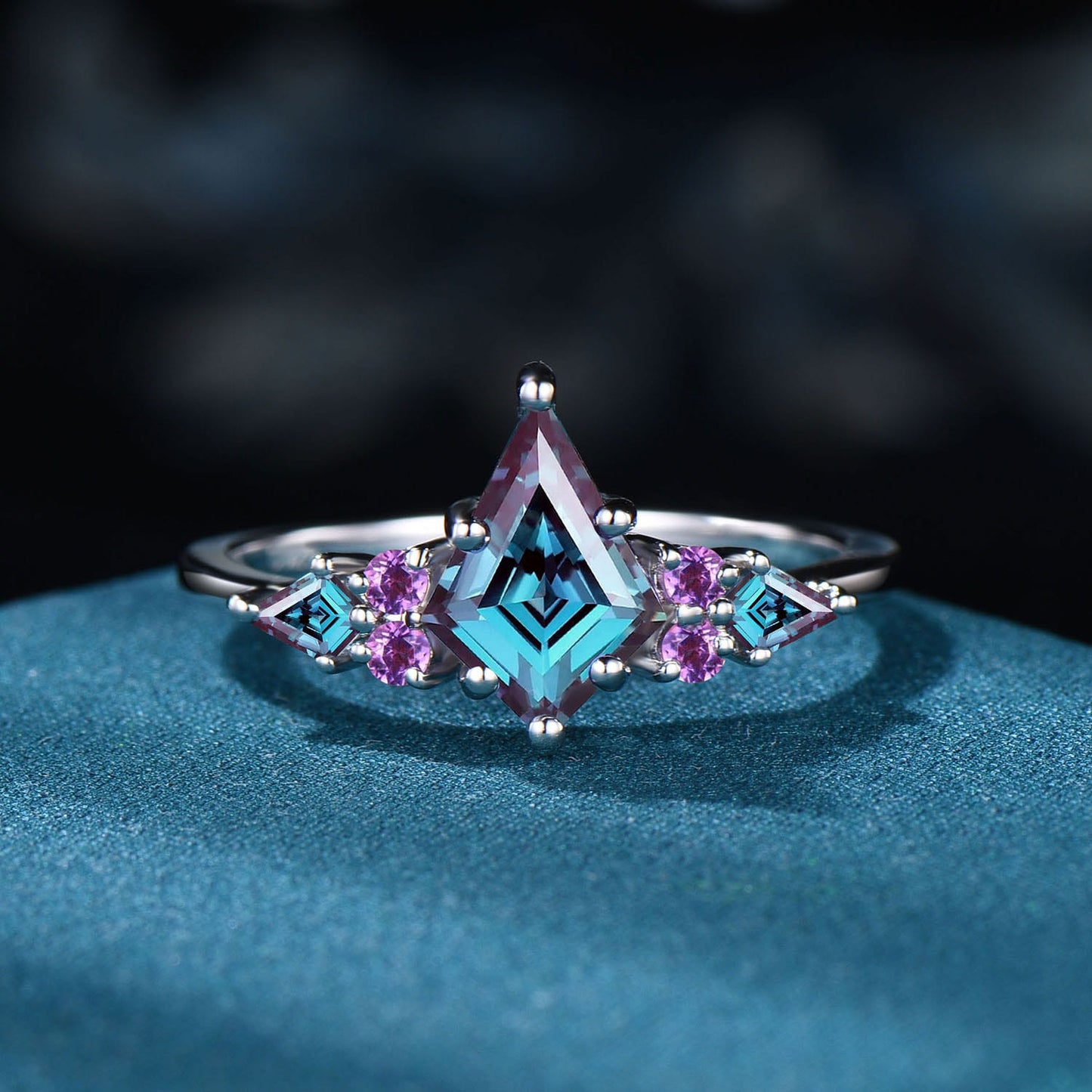 Vintage Kite Cut Alexandrite Ring Set: Rose Gold Cluster Amethyst Wedding Band
