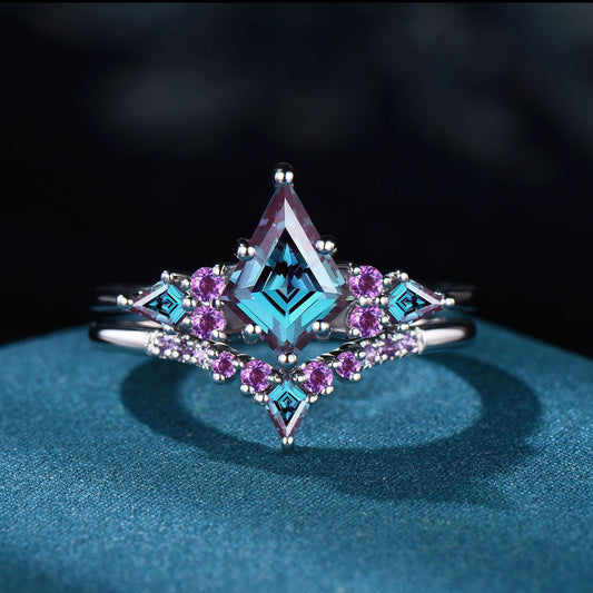 Vintage Kite Cut Alexandrite Ring Set: Rose Gold Cluster Amethyst Wedding Band