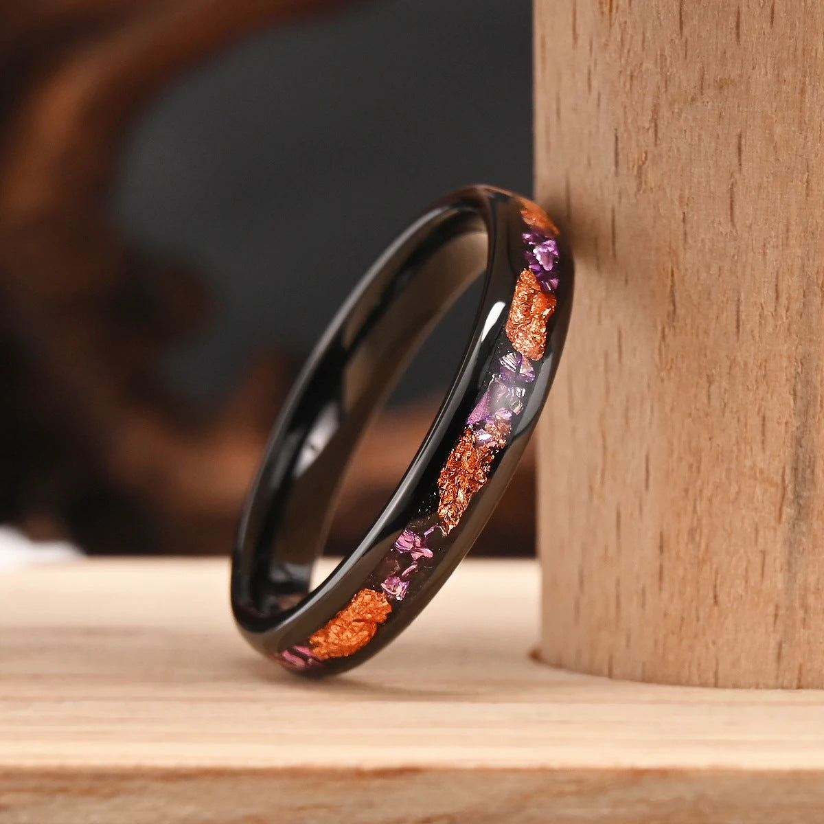 4mm Nebula Black Ring with Crushed Amethyst & Rose Gold Flakes