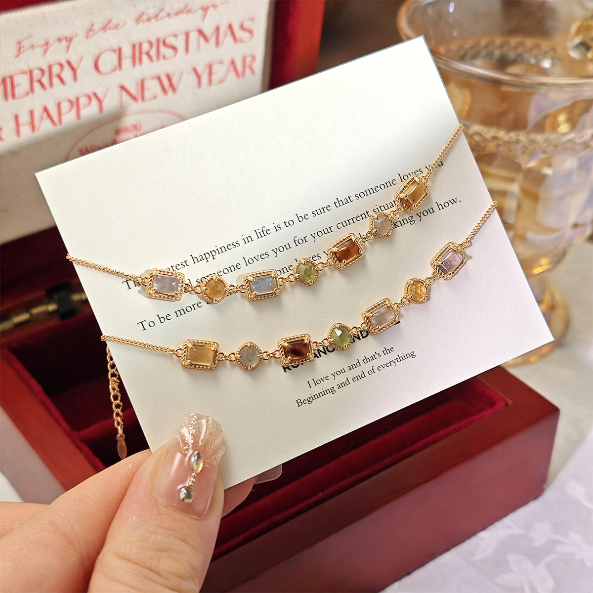 Natural Multi Gemstone Necklace, Citrine, Amber, Peridot, Labradorite & Iolite 14K Gold Plated Vintage Chain Necklace for Women