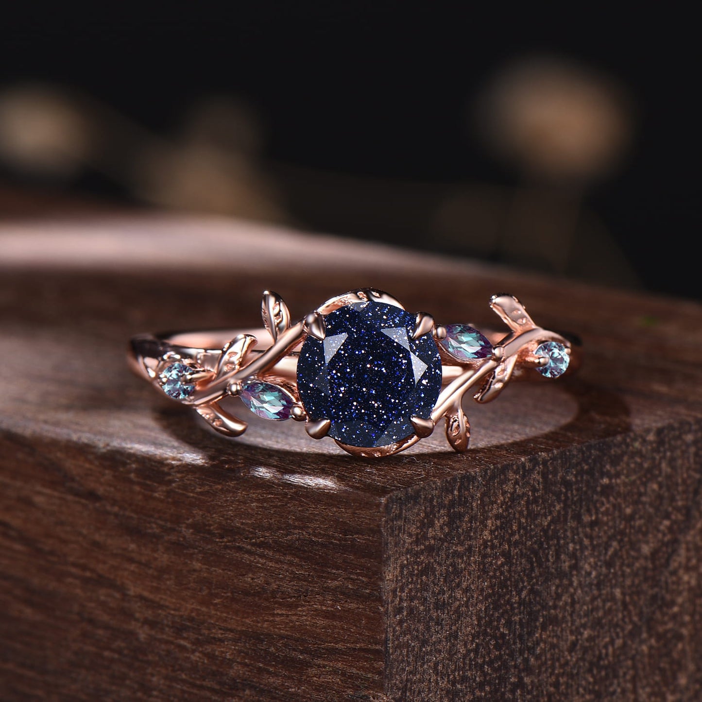 Rose Gold Twig Leaf Blue Sandstone Ring | Nature Inspired Galaxy Star Stone Alexandrite Promise Ring