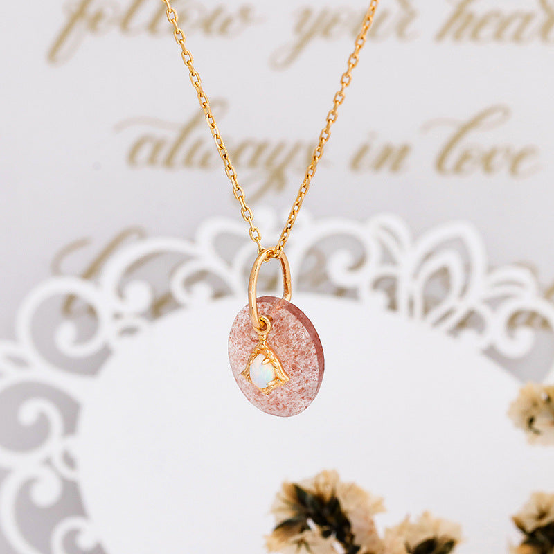 Aura Strawberry Quartz Necklace with White Opal Drop Pendant