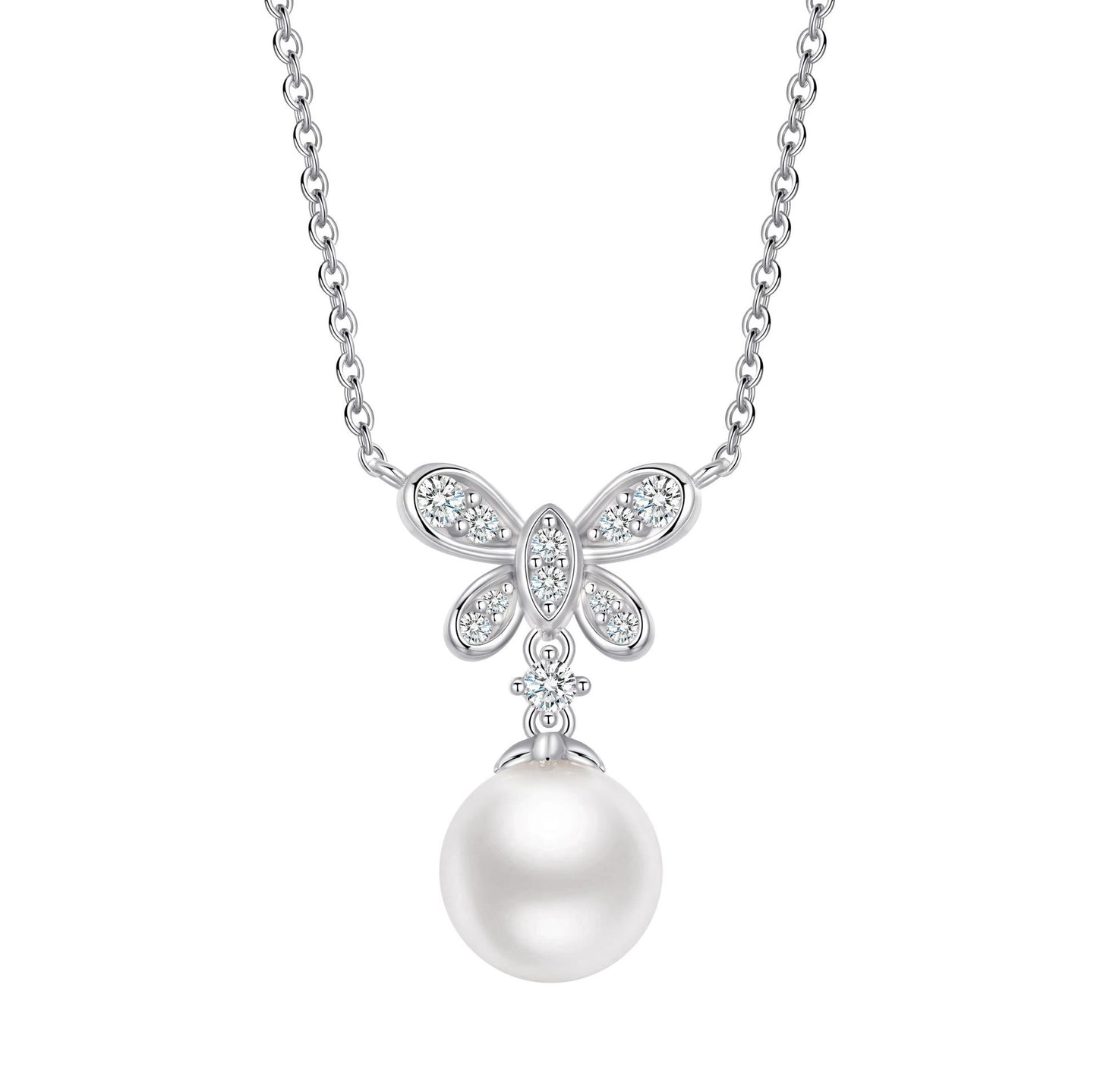 Unique Butterfly Drop Pearl Necklace White Gold Finish