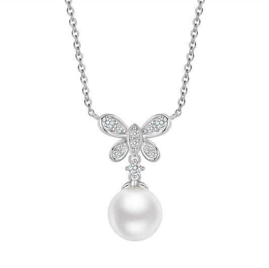 Unique Butterfly Drop Pearl Necklace White Gold Finish