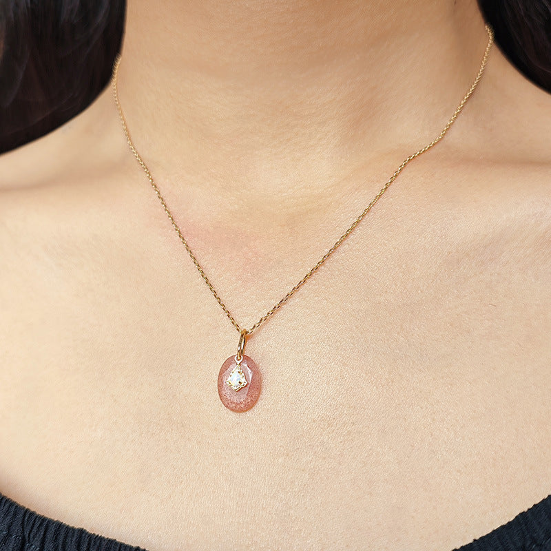 Aura Strawberry Quartz Necklace with White Opal Drop Pendant