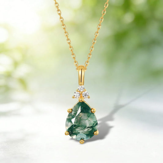 8x10MM Pear Shaped Moss Agate Pendant Necklace-Rosa