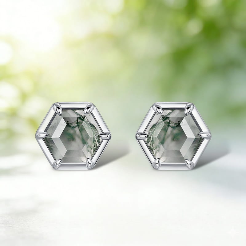 Hexagon Moss Agate Minimalist Studs Earrings Bezel Set