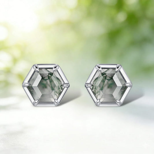 Hexagon Moss Agate Minimalist Studs Earrings Bezel Set
