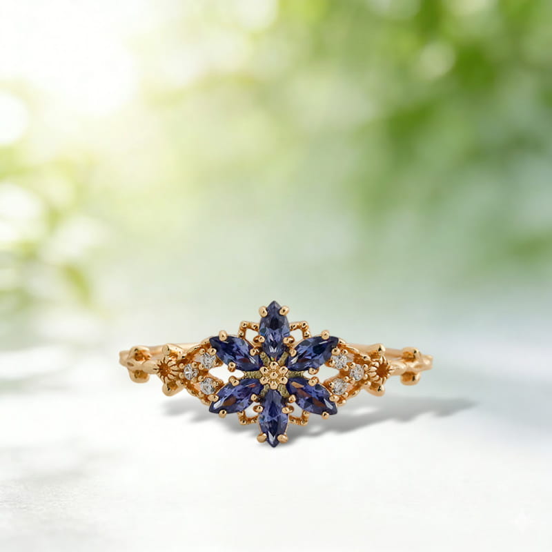 Art Deco Inspired Tanzanite Ring | Snowflake Starburst Flower Jewelry