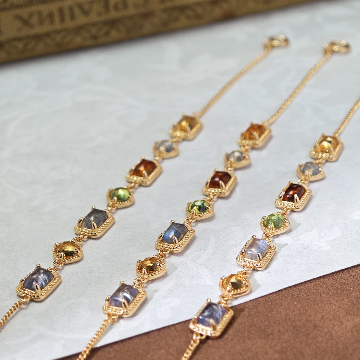 Natural Multi Gemstone Necklace, Citrine, Amber, Peridot, Labradorite & Iolite 14K Gold Plated Vintage Chain Necklace for Women