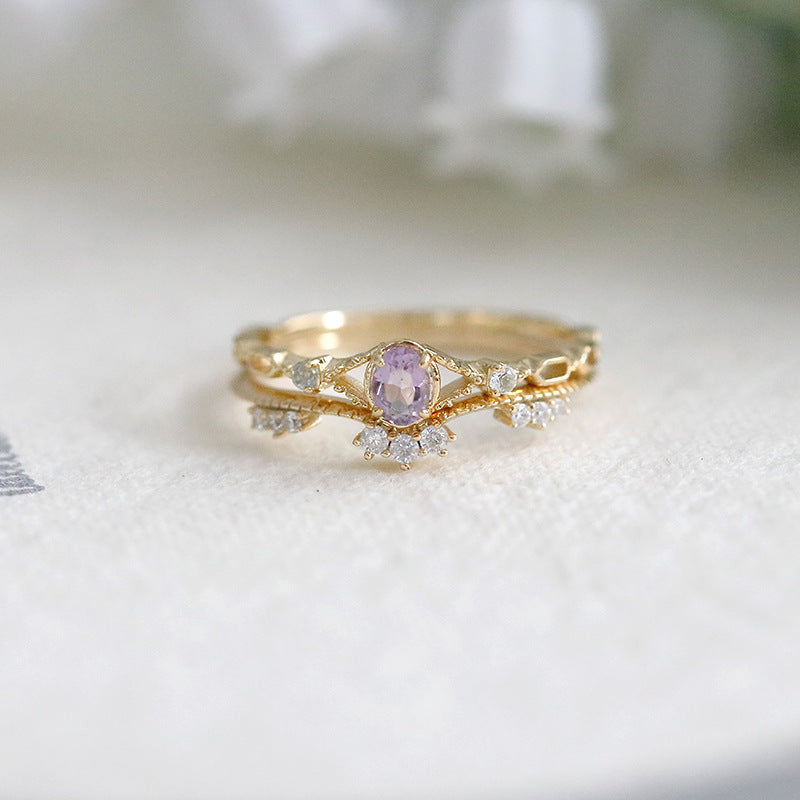 Dainty Amethyst Split Shank Engagement Ring Hollowed Out Paperclip Sky Blue Topaz Promise Ring 14K Gold Plated Hexagon Band