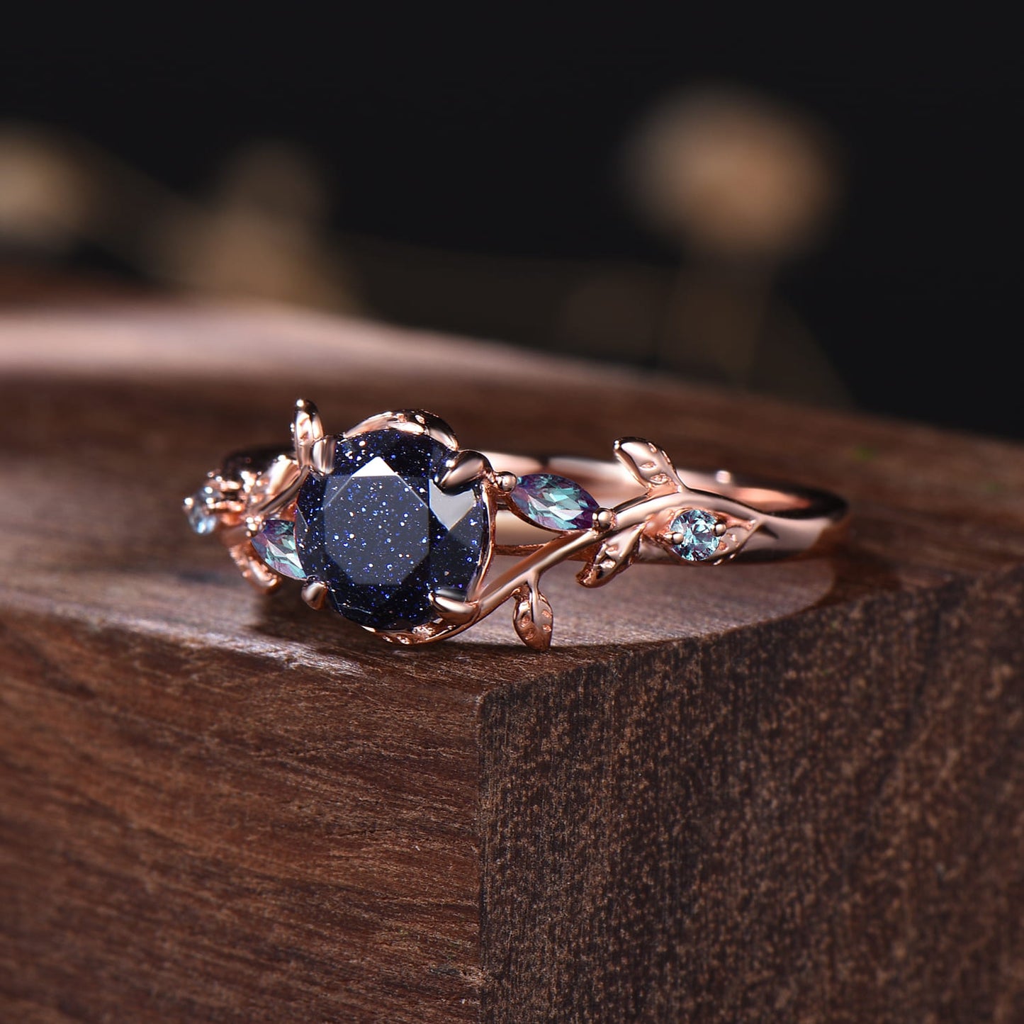 Rose Gold Twig Leaf Blue Sandstone Ring | Nature Inspired Galaxy Star Stone Alexandrite Promise Ring