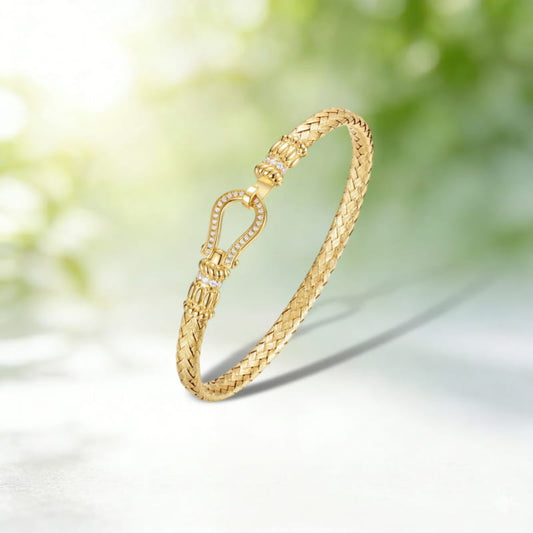 Gold Plated Sterling Silver Braided Bracelet with CZ Horseshoe Clasp