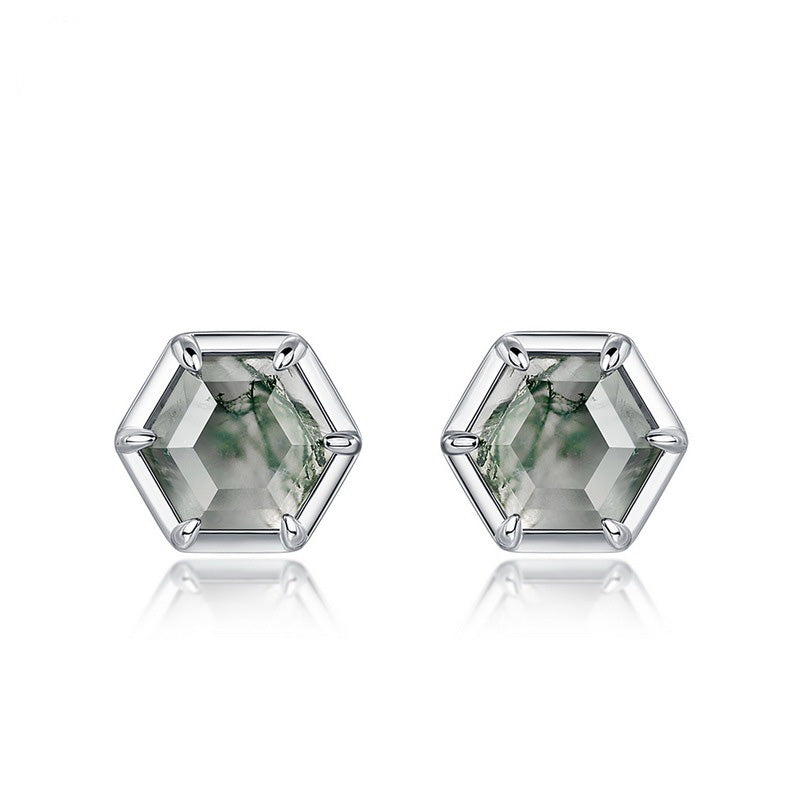 Hexagon Moss Agate Minimalist Studs Earrings Bezel Set