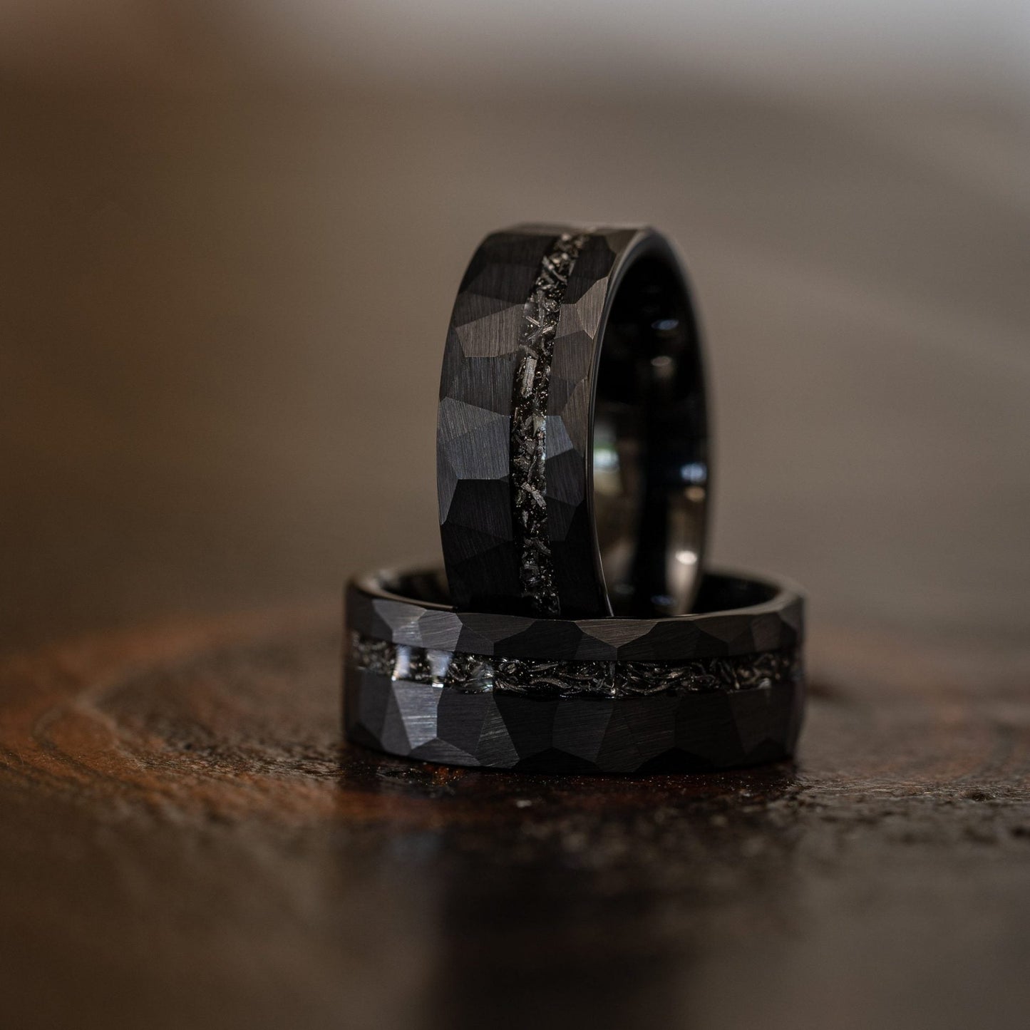 8mm tungsten gold men's wedding band steel hammered black ring inlaid with broken meteorite - PENFINE