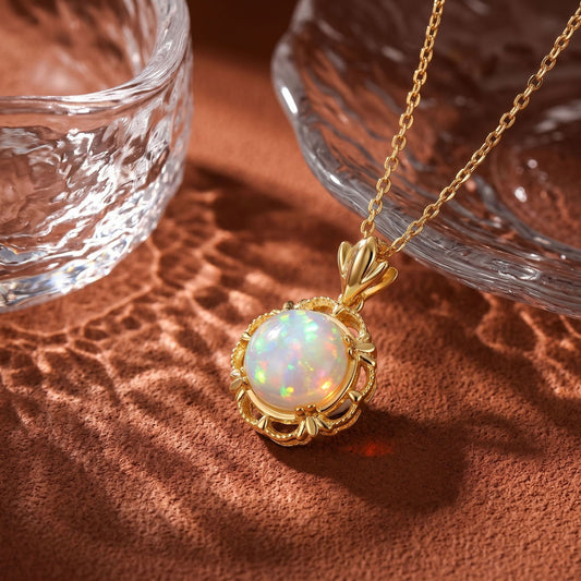 Luminous Lotus Vintage White Opal Pendant Necklace