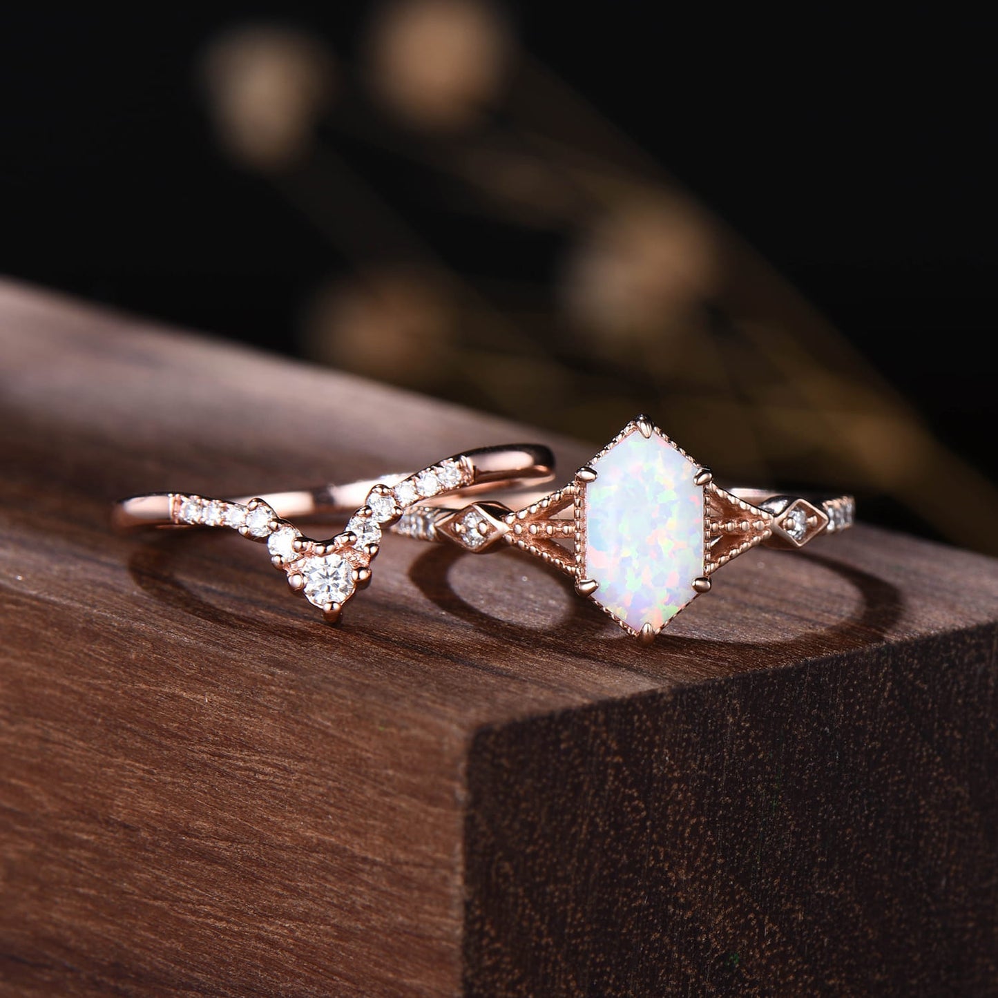 Vintage Hexagon Opal Bridal Set Art Deco Crown Moissanite Curved Band