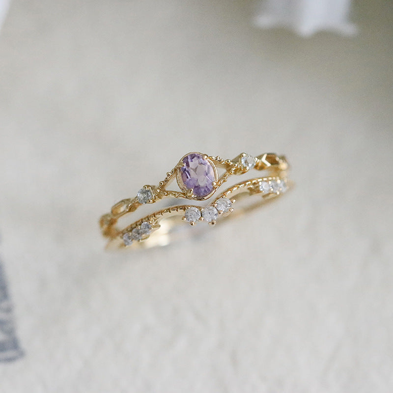 Dainty Amethyst Split Shank Engagement Ring Hollowed Out Paperclip Sky Blue Topaz Promise Ring 14K Gold Plated Hexagon Band